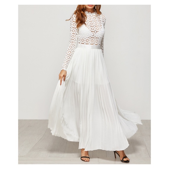 White Embroidered Top Pleated Maxi Dress - Picture 5 of 5